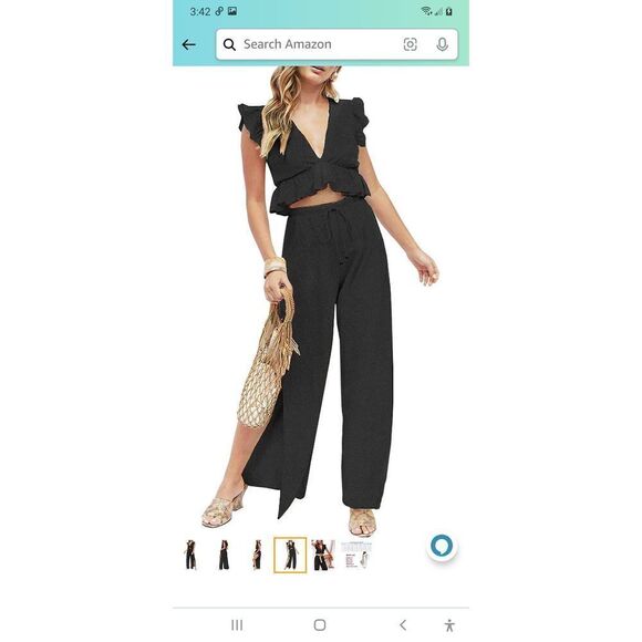 New XL 16 Fancyinn Black 2pc Outfit Deep V-Neck Crop Drawstring Side Slit Pants - Picture 4 of 8